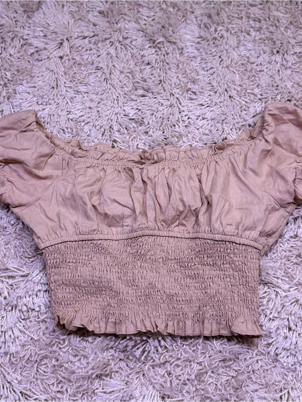 ROYAL Beige Linen Blend Smocked Puff Sleeve Crop Top Ruffle Peasant Small